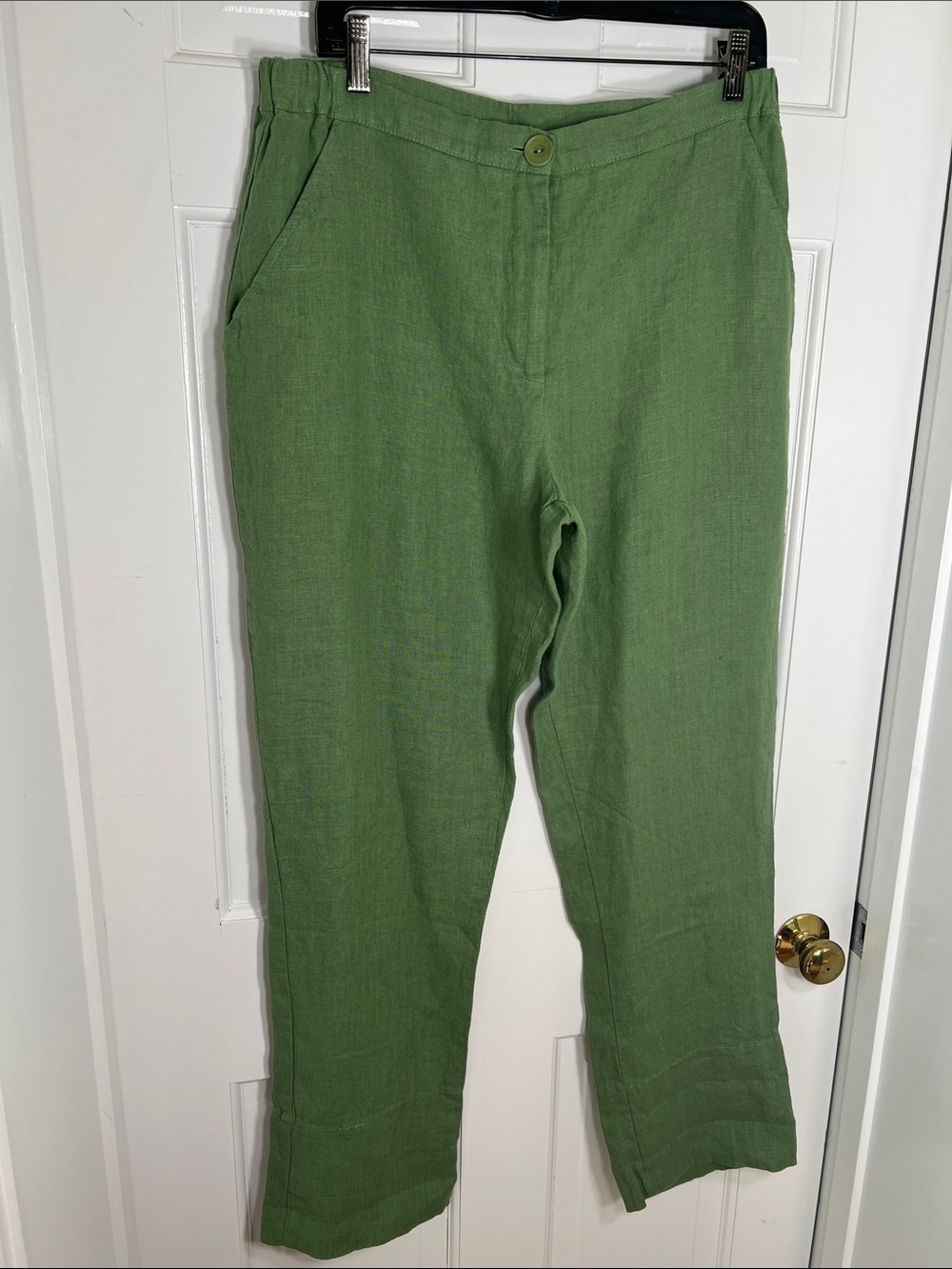 FLAX Brand  Green Linen Chinos, Button Closure w/Elastic Waist, Pockets, Size S